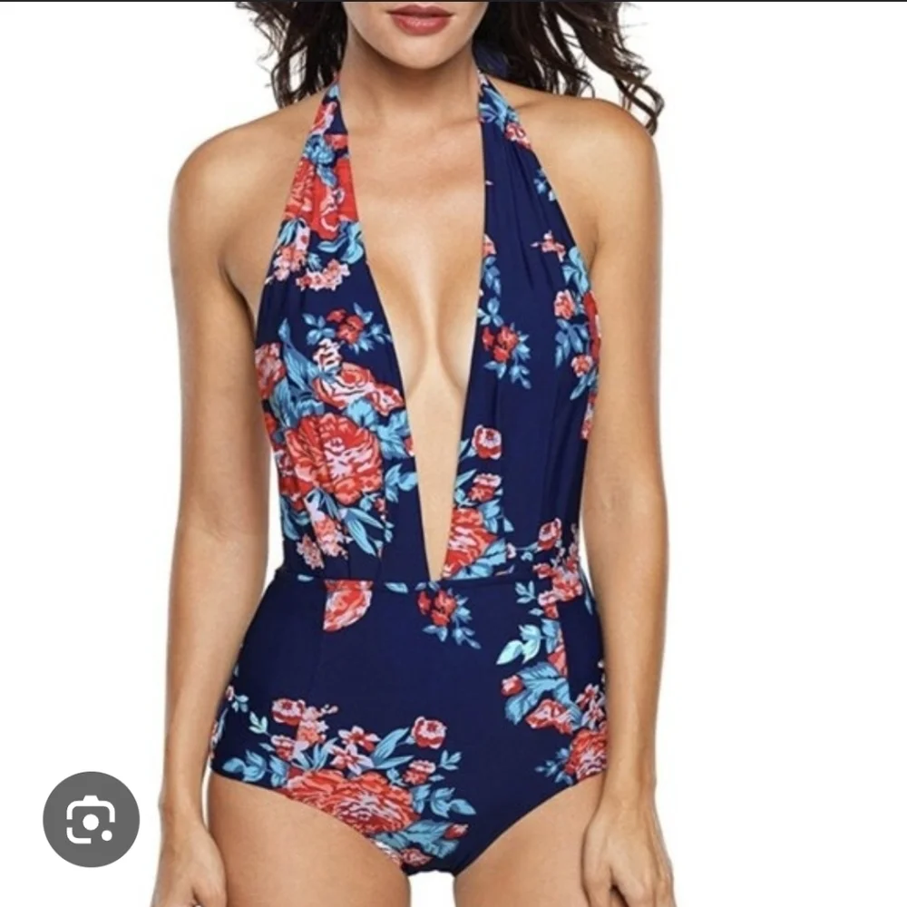 Cocoship Floral Blue One Piece Halter Neck Swimsuit